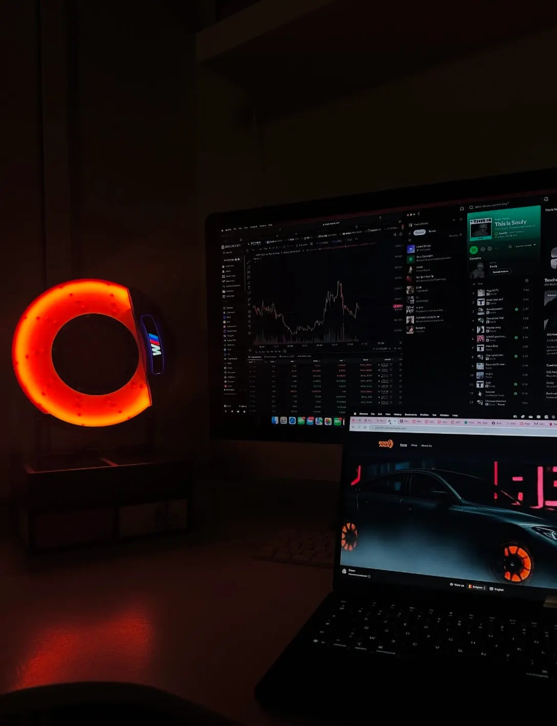 BMW M brake disc lamp on desk next to PC setup