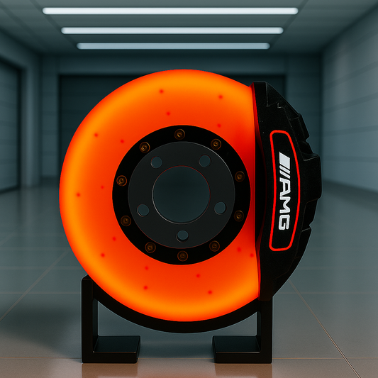 Mercedes AMG Brake Disc Lamp USB-C rechargeable LED light - Black and orange F1-style decor for garage or sim racing setup