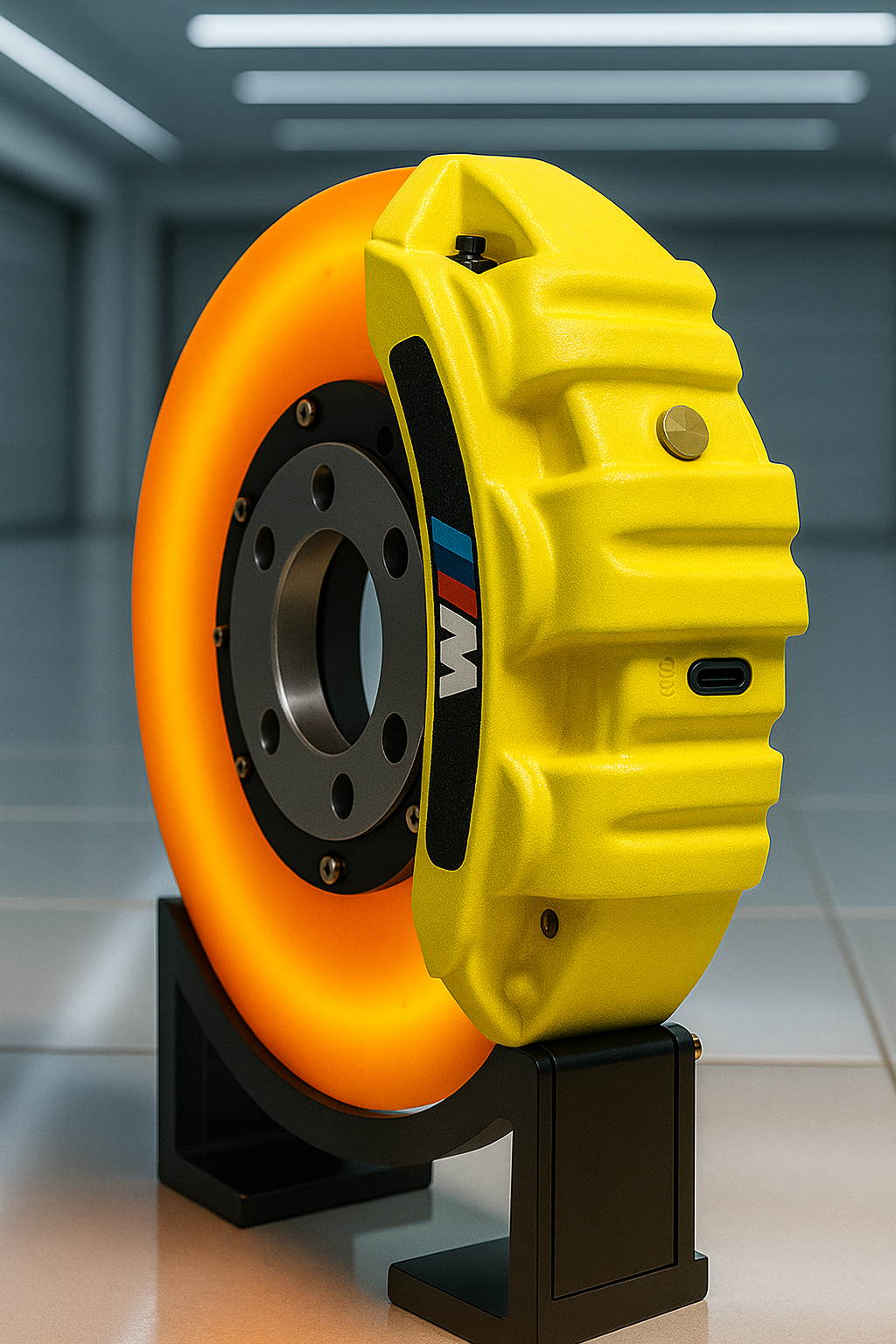 Side view of Yellow BMW USB-C brake disc lamp – realistic caliper style lighting for gaming setups or garages