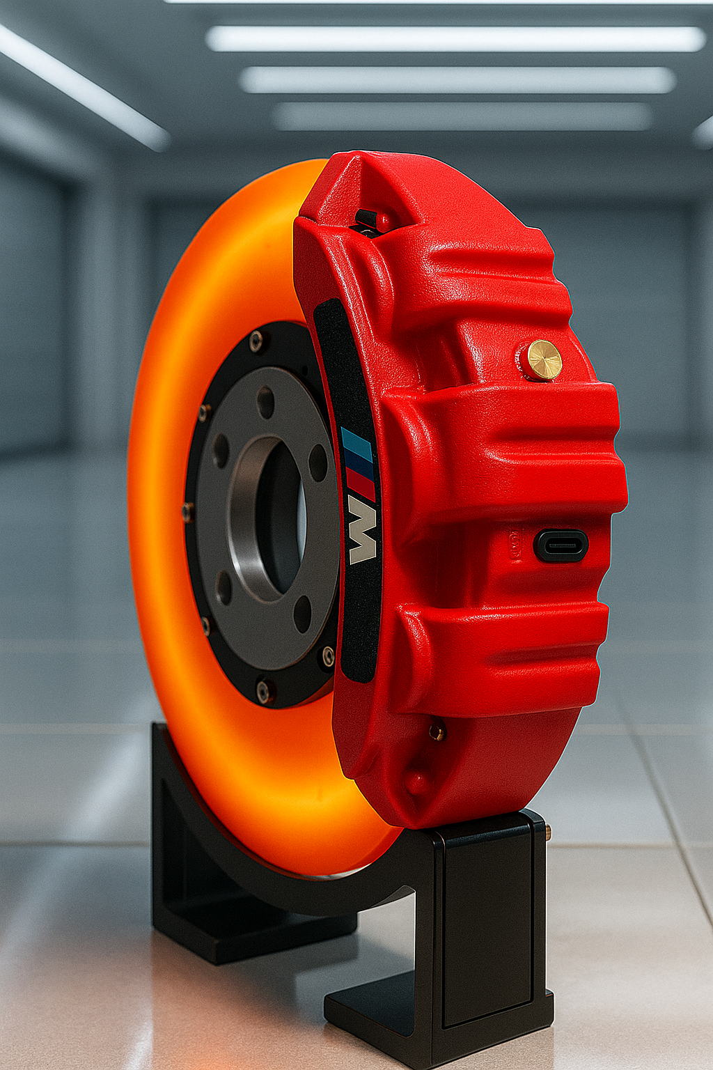 Side view of Red BMW USB-C brake disc lamp – realistic caliper style lighting for gaming setups or garages
