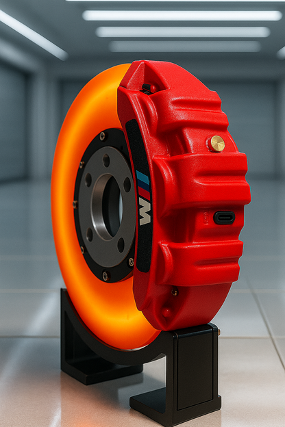 Side view of Red BMW USB-C brake disc lamp – realistic caliper style lighting for gaming setups or garages