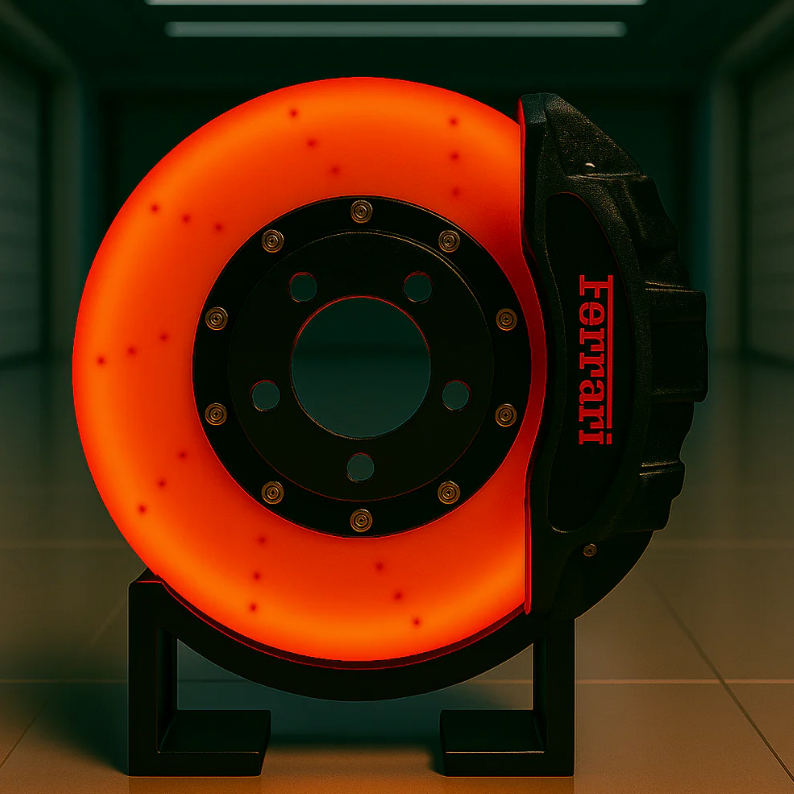 Ferrari Brake Disc Lamp USB-C rechargeable LED light - Black and orange F1-style decor for garage or sim racing setup