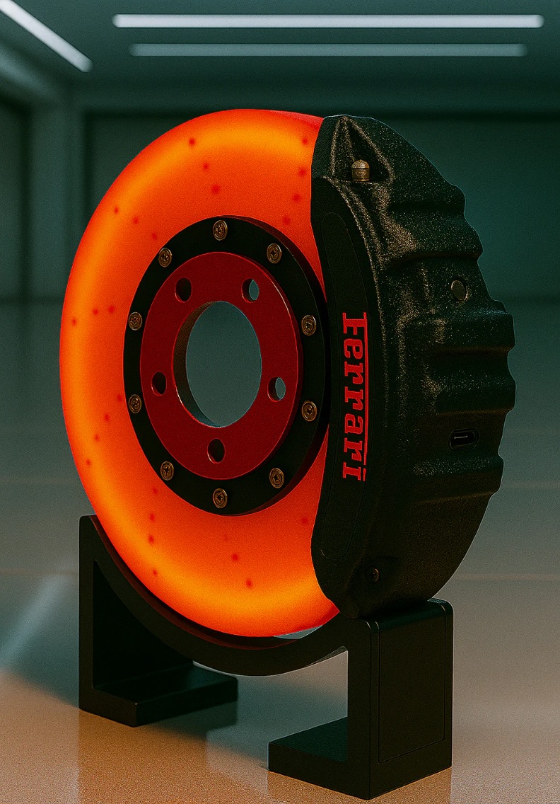 Ferrari Brake Disc Lamp USB-C rechargeable LED light - Black and orange F1-style decor for garage or sim racing setup